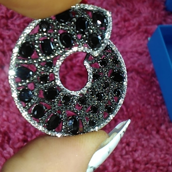 Unique Black Spinel Gemstone Swirl Hoop Earrings Sterling Silver - Picture 3 of 12